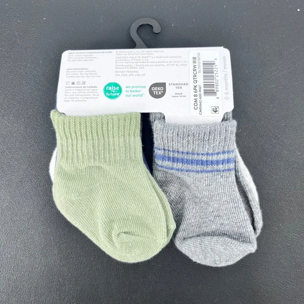 Boys 6-Pack Socks 0-6M Grey White Green Ribbed Striped Carter's Child of Mine